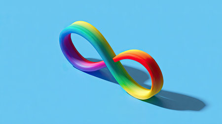 A vibrant infinity symbol, rendered in a spectrum of colors, floats against a solid blue backdrop. This object displays smooth gradients and soft shadows, suggesting a light source from above. Its clean lines and minimalistic style make it suitable for various design projects and visual communications. It can be used as a symbol for concepts of eternity and endlessness.の素材