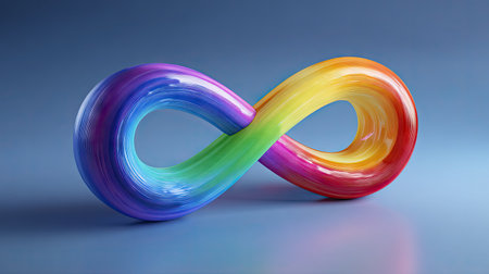 An image features a rainbow-colored infinity symbol against a softly lit blue gradient backdrop. The symbol displays a smooth, painted texture. The image uses a studio lighting setup, potentially suitable for a variety of visual communication needs. The color palette incorporates vibrant hues, possibly appropriate for editorial or design uses.の素材