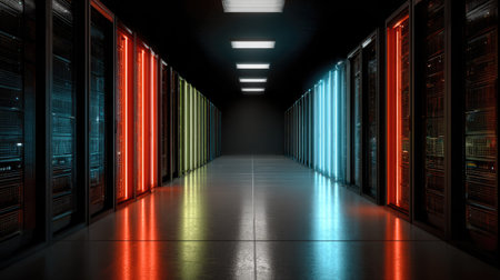 This image showcases a data center with server racks illuminated by vibrant neon lights. The composition highlights a long hallway with a symmetrical arrangement of equipment. The color palette incorporates shades of red, yellow, and blue. This visual may be suitable for illustrating technology or network infrastructure concepts.の素材
