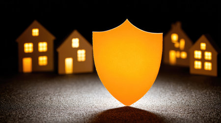 A glowing shield stands prominently before miniature houses with illuminated windows. The image showcases a symbolic representation of security with an orange color scheme and soft lighting. This versatile graphic can be applied to diverse commercial themes such as insurance, home protection, or safety measures.の素材