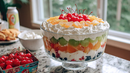 A vibrant layered dessert is the focal point, showcasing a medley of fruits nestled between layers of whipped cream. The composition employs a clear glass bowl, revealing the components. The scene uses natural light, suggesting a bright indoor setting. This image could serve various culinary or lifestyle applications.の素材