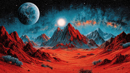 An artistic depiction presents a celestial landscape featuring a vibrant red terrain and majestic mountain range. A large planet and a bright sun are suspended in a deep blue night sky sprinkled with stars. This image, with its bold colors and dramatic composition, could be suitable for various commercial projects.の素材