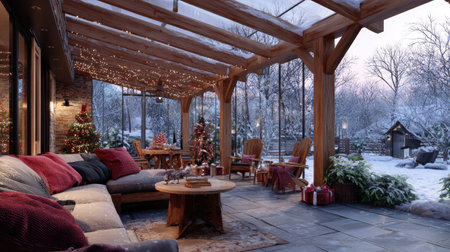An inviting porch features a seating area with pillows and a table, framed by a wooden structure. The scene is illuminated by soft lighting, revealing a snow-covered landscape beyond glass panels. This image could be suitable for lifestyle, home decor, or seasonal themed projects.の素材