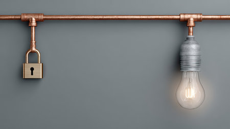 A padlock and a lit lightbulb are connected by copper pipes on a gray background, creating a conceptual image. The composition features a symmetrical arrangement, with a focus on contrasting metallic textures and warm lighting. Suitable for illustrating ideas related to security, innovation, or connectivity for various applications.の素材
