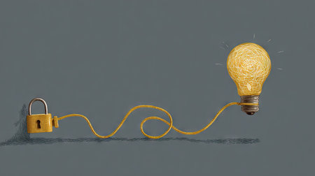 A padlock and a light bulb are connected by a wire, creating a conceptual image. The light bulb glows with a warm, inviting light. The composition features a neutral background, highlighting the objects. The image conveys ideas of security, innovation, and connection. Suitable for various design and advertising projects.の素材