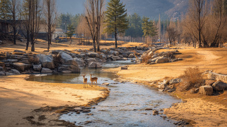 Two deer stand near a stream, the water flowing through a natural environment. The image features earth-toned colors of a warm day. The scene shows a landscape in a tranquil setting. Suitable for various editorial and commercial applications. The composition shows the natural environment.の素材