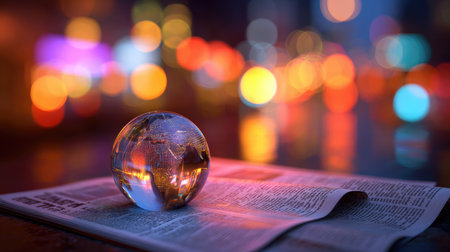 A crystal globe sits atop a newspaper, capturing light and reflecting the surroundings. The image displays a blurry background of vivid, colorful lights, creating an aesthetically pleasing bokeh effect. The photograph uses a soft focus and a shallow depth of field, with potential application for visual media or editorial projects.の素材