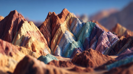 This image depicts a mountain range with an array of striking colors. The textured surfaces of the peaks are illuminated under a clear sky. The scene is comprised of earthy browns, vibrant blues and greens, and soft pastel shades, potentially suitable for various commercial or editorial applications.の素材