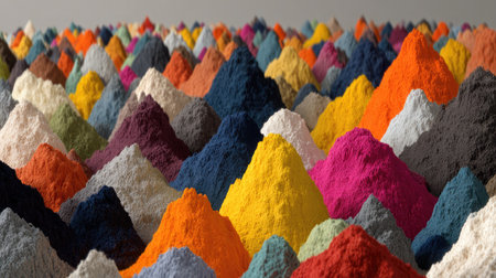 A collection of colorful powder piles are arranged, creating an abstract mountain range. The image showcases various hues, from vibrant orange and yellow to deep blue and magenta. The composition is visually appealing with a sense of texture and depth. Suitable for concepts of art, design, or decorative use.の素材