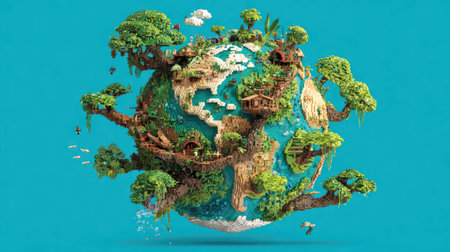 A vibrant visual depicts a conceptual Earth globe brimming with thriving trees and diverse vegetation. The image showcases a lively composition of green, brown, and blue tones, suggesting an idealized natural environment. This image could be used for ecological themes, environmental awareness campaigns, or other creative projects, in both commercial and editorial contexts.の素材