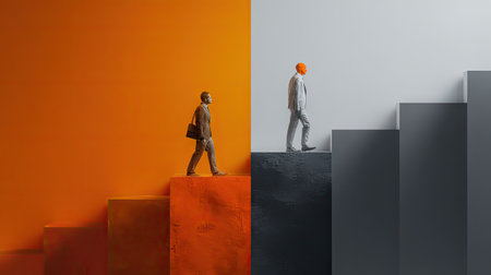 Two figures are depicted, one traversing a bright orange staircase and the other ascending a gray set of steps. The image showcases minimalist design with contrasting color palettes. It may be suitable for illustrating themes of career progression or personal development. This composition has potential applications in various commercial contexts.の素材