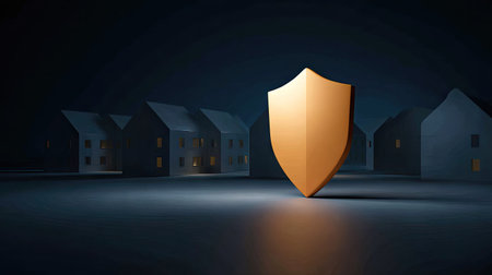 A golden shield stands prominently in front of a row of abstract houses, rendered in a subdued, dark environment. The lighting is focused, casting shadows and highlighting the shield's form. This illustration evokes concepts of protection and security, suitable for various editorial and commercial applications.の素材