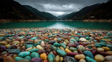 A close-up view presents an assortment of smooth, colorful stones covering the foreground. A tranquil lake reflects a cloudy sky and distant mountains. The photograph exhibits a naturalistic style with a focus on textures and colors. This image is suitable for various commercial uses, including website backgrounds and travel articles.の素材