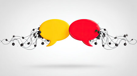 Two vibrant speech bubbles, one yellow and one red, are centrally positioned. They are linked by an intricate network of dark lines and small black spheres, creating a visual flow. The composition is set against a clean, white backdrop, emphasizing the forms. Suitable for illustrating communication, concepts, and digital design.の素材