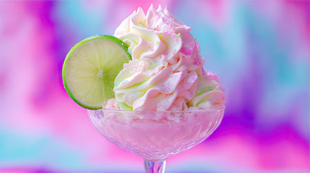 A close-up showcases a creamy dessert in a stemmed glass. The dessert features swirls of white cream, accented by a green lime slice. The composition is set against a blurred backdrop of pink and blue hues. This image is suitable for use in food-related advertising or editorial content.の素材