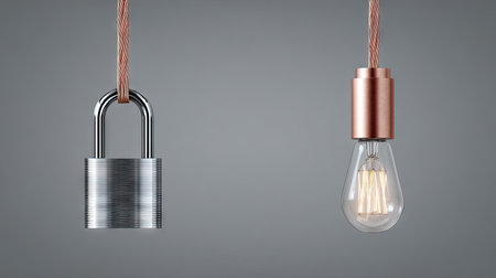 Two objects, a padlock and a lightbulb, are suspended from above against a neutral grey background. The lock is metallic and closed, while the light bulb is lit and contained in a copper-colored fixture. The composition creates a contrast, potentially for use in commercial or editorial projects related to ideas or security.の素材