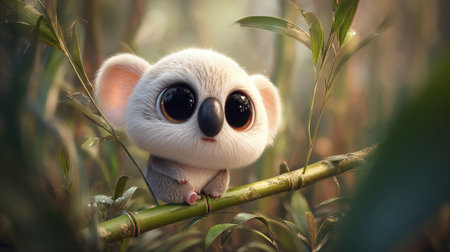 A cartoon koala bear with soft white fur and enormous black eyes is positioned amongst lush green foliage. The artwork displays a charming aesthetic with soft lighting, suggesting an outdoor environment. This image could be used for various projects, including children's books, educational materials, and marketing campaigns.の素材