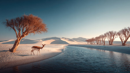 A deer stands near a tranquil body of water in a desert setting with trees. The scene is bathed in sunlight, highlighting the textures of sand and the flowing water. The composition is balanced and serene, ideal for illustrating natural environments or concepts related to travel and the outdoors.の素材