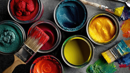 Various open paint cans showcase vibrant colors including red, blue, and yellow. Paint brushes sit nearby, suggesting recent use and the potential for creative work. The composition includes overhead lighting and a high-angle perspective, possibly suitable for artistic or design-related content. These images may have commercial or editorial applications.の素材