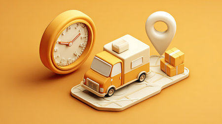 An illustration depicts a delivery truck alongside a clock and location marker. The image showcases a vibrant color palette, with objects rendered in a stylized manner. A soft, even lighting enhances the overall visual appeal. This image may be suitable for advertising, websites, or informational content.の素材
