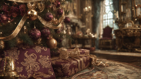 A close-up view presents a decorated Christmas tree with gifts in a festive indoor environment. The image showcases rich colors, textures, and details with soft lighting. This scene implies celebration. Suitable for various editorial and commercial applications promoting the holiday season and design.の素材