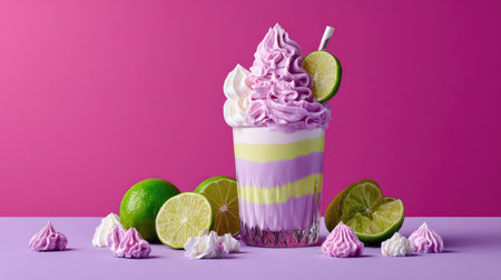 A close-up showcases a layered dessert featuring swirls of purple and yellow creams, topped with whipped cream and a lime garnish. The composition includes halved limes scattered around, set against a solid magenta backdrop. This image could be used for culinary, advertising, or lifestyle purposes.の素材