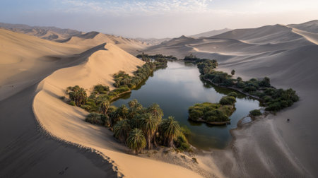 An aerial view presents a desert oasis, featuring a tranquil lake surrounded by lush green vegetation. The scene showcases sweeping sand dunes under soft, natural lighting. This image could be used for various purposes, including travel publications, environmental presentations, or website content related to nature.の素材