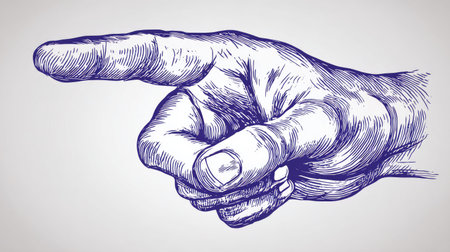 A close-up illustration depicts a hand in the act of pointing to the left. The sketch exhibits fine details and shading, creating a textured appearance. The monochromatic color palette and artistic style suggest potential use in various design applications. It may serve commercial or editorial purposes, conveying direction or emphasis.の素材