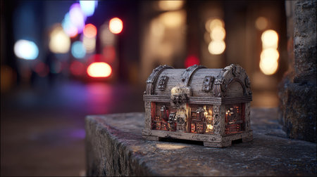 An antique treasure chest sits atop a textured stone surface, with blurred city lights in the background. The chest displays intricate details and is illuminated with a soft, inviting glow. This image has commercial applications and could be used for various projects, including advertising or editorial content.の素材
