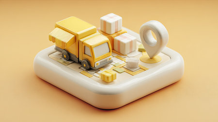 A yellow delivery truck and several packages sit atop a map-like base, alongside a location pin. The graphic employs a soft, rounded style, with a warm color palette. This digital illustration could be used in promotional materials for logistics, transportation, or e-commerce themes.の素材