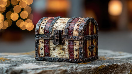 A close-up captures a small decorative chest resting on a textured stone surface. The chest features a wooden body accented with metal hardware. The warm color palette includes brown, red, and gold tones. A blurred background with soft bokeh lights suggests an outdoor setting, suitable for various editorial and commercial applications.の素材