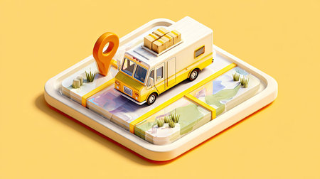 A stylized delivery truck sits atop a map with a prominent location marker. The illustration features a vibrant color palette, showcasing the vehicle, parcels, and surrounding map elements. The graphic employs an isometric perspective and is ideal for representing transportation, logistics, or related commercial concepts.の素材