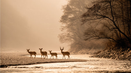 Four deer traverse a shallow stream within a tranquil forest environment. The scene presents a muted color palette dominated by browns and tans, with soft lighting enhancing the atmosphere. The composition features a natural arrangement of elements, offering potential for various commercial and editorial applications such as nature features.の素材