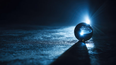 A crystal ball sits centered, illuminated by an intense blue light emanating from above. This creates a striking contrast against the dark background. The scene suggests a mystical or futuristic theme. The image may be suitable for conceptual projects, presentations, or various commercial applications requiring a visually arresting element.の素材