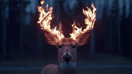 A deer with flaming antlers is the focal point of the image, set against a blurred forest backdrop. The composition features a symmetrical arrangement, with the deer centrally positioned. The lighting is subdued, creating a dramatic atmosphere. This image could be used for various conceptual, artistic or editorial projects.の素材