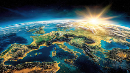 An aerial view showcases Earth at sunrise, revealing continents, oceans, and atmospheric layers. The composition features a vibrant color palette, including blues, greens, and yellows. The image suggests a global perspective, with potential uses in educational materials, environmental campaigns, or commercial projects.の素材