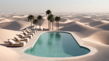 An inviting swimming pool is surrounded by sand dunes and palm trees. The scene is illuminated by bright sunlight, showcasing neutral tones and a seamless composition. Loungers line the pool's edge, enhancing the aesthetic. This image is suitable for various commercial purposes, including travel, leisure, and design projects.の素材