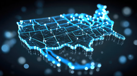 An illuminated digital map of the United States showcases interconnected nodes, suggesting a network of data transfer and communication. The image features a blue color scheme with highlights, creating a sense of a modern, technological environment. It is suitable for illustrating concepts of infrastructure, data flow, or global connectivity in various contexts.の素材