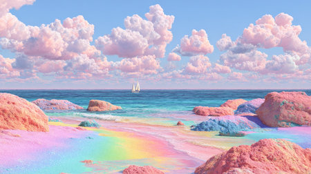 A tranquil beach setting depicts a vibrant scene of colored rocks and pastel clouds. The composition features a small boat on a vast ocean under a bright blue sky. This artwork presents a surreal environment with soft textures and gradients. Suitable for various creative and conceptual projects, including designs and illustrations.の素材