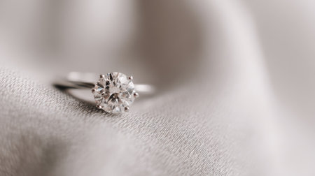 A close-up view displays a diamond ring resting on a delicate gray fabric. The ring's sparkling diamond is the focal point, catching and reflecting light. The soft fabric provides a neutral backdrop, enhancing the ring's brilliance. Ideal for commercial applications related to jewelry or romance.の素材