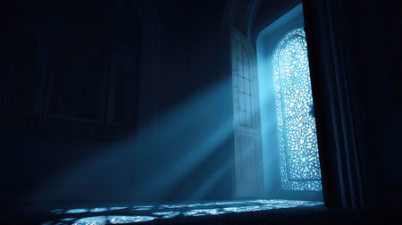 An interior shot features light beams streaming through an arched, ornamental window. The scene is dominated by deep shadows, contrasting with the bright light. The composition suggests an indoor setting, possibly a historic structure, with potential uses in editorial and commercial projects. The lighting creates a sense of mystery.の素材