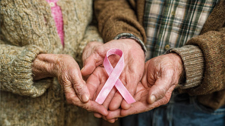 An elderly couple's hands cradle a pink ribbon, symbolizing cancer awareness. The image features soft lighting and neutral tones, with focus on the hands and ribbon. This visual could be used for campaigns promoting healthcare, support groups, or editorial content related to cancer awareness.の素材