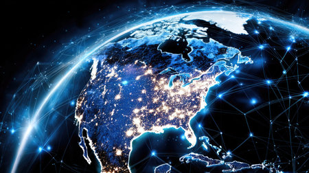 An illustrated view of planet Earth highlighting the continents with a network of digital connections overlaid. The image showcases blue hues, suggesting a technological or futuristic theme. The composition is a detailed view from space, ideal for illustrating concepts related to data, communication, or globalization, suitable for various commercial or editorial uses.の素材