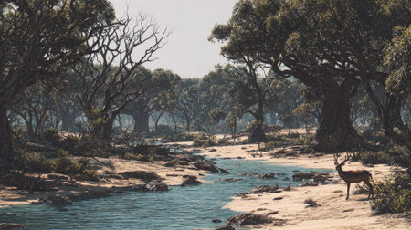 An image presents a deer standing near a river within a forest. The scene is dominated by trees, displaying a range of green and brown hues. The composition includes a river with water, and the overall style shows natural lighting, hinting at a daytime setting. Potential uses include various commercial and editorial applications.の素材