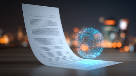 A close-up view depicts a large document alongside a glowing, abstract sphere. The document features printed text and is lit with cool tones. The scene is set against an out-of-focus background with lights suggesting a city environment. This image could be utilized for various commercial and editorial projects.の素材