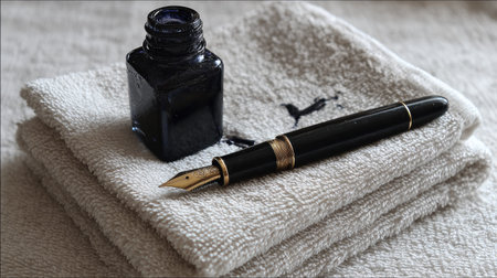 A classic fountain pen and ink bottle sit atop a folded white cloth in a close-up composition. The pen is black with gold accents, and the inkwell is a dark, opaque color. The cloth provides a textured backdrop. Ideal for illustrating writing, education, or historical themes, offering potential for commercial or editorial applications.の素材