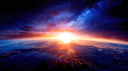 An awe-inspiring view of Earth at dawn, dominated by a brilliant sun rising above the horizon. The composition features a vivid display of colors, with fiery oranges, reds, and deep blues blending together. The image evokes a sense of vastness and wonder, suitable for various editorial and design projects.の素材