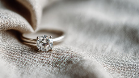A close-up captures a diamond ring set against a textured, light-colored fabric. The ring's diamond sparkles, reflecting soft light. The composition highlights the ring's design. This image is suitable for various commercial purposes, including advertising and editorial content related to jewelry or fashion.の素材