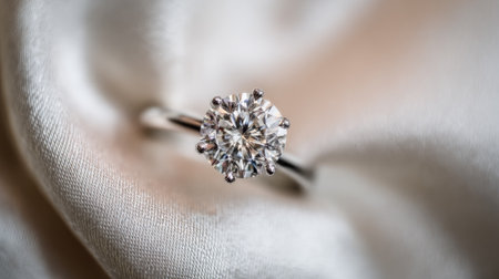 A close-up captures a sparkling diamond ring resting on a delicate white fabric. The ring's intricate facets reflect light, showcasing its brilliance. The image features a shallow depth of field, highlighting the ring against the blurred background. Suitable for advertising jewelry or representing concepts such as luxury and elegance.の素材