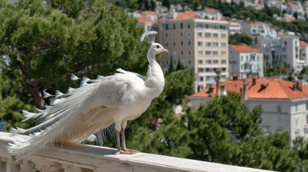 A striking white peacock is perched on a stone balcony, its feathers fanned out. The scene is bathed in sunlight, highlighting the bird's pristine plumage. A city with buildings and trees forms the backdrop, creating a picturesque setting. Suitable for various editorial and commercial applications.の素材